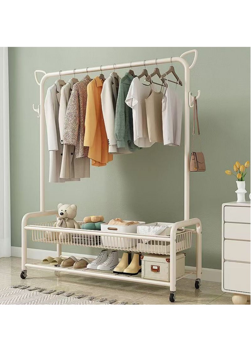 Rolling Garment Rack with Storage Basket, Metal Clothing Stand with Wheels, Sturdy Metal Frame, Adjustable Rod, Space-Saving Design, White - Image 2